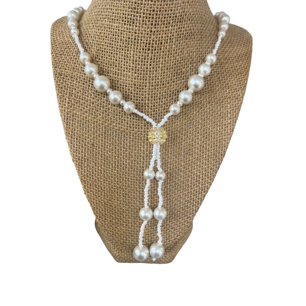 Handmade White Faux Pearl Glass Bead Lariat Necklace Tassel Design 30" NWOT